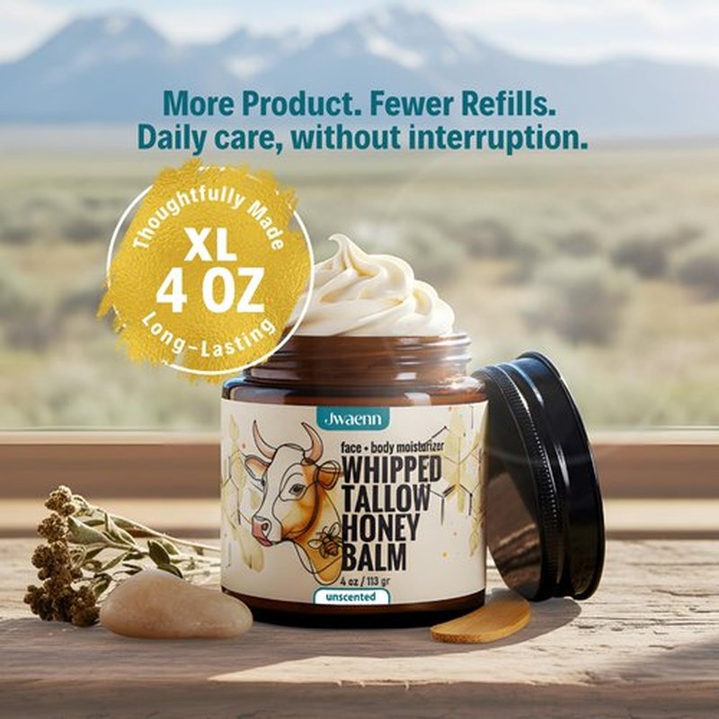 JWAENN Whipped Tallow & Honey Balm – Grass-Fed Beef Tallow for Skin, Face & Body Moisturizer for Dry & Sensitive Skin, Lightweight, Fast-Absorbing, Non-Greasy – 4 oz