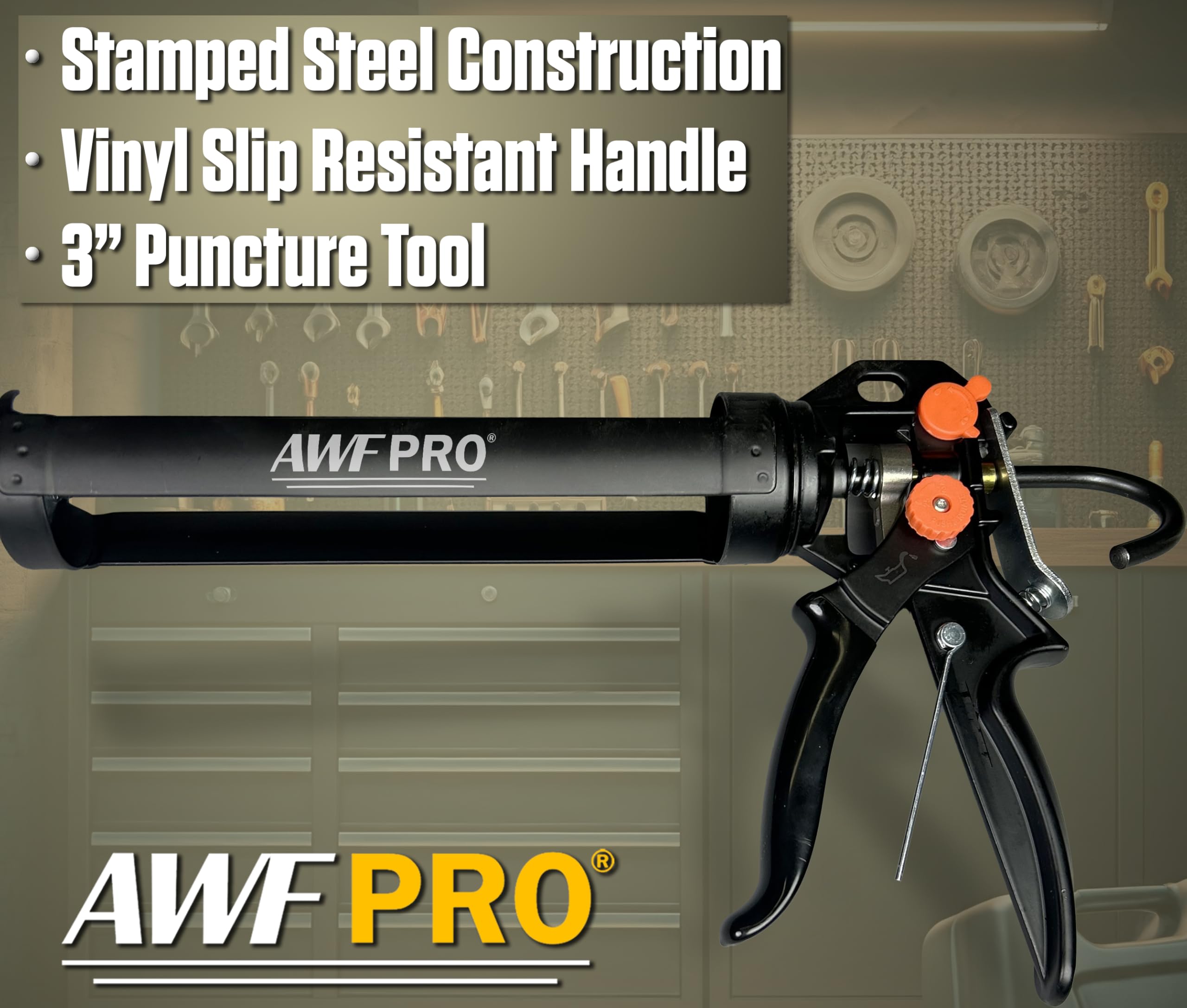 AWF PRO 29 oz Dual Thrust Caulk Gun, 25:1 or 12:1 Thrust Ratio, No Drip, Rotating Barrel, Comfort Grip, with Built-In Puncture Tool