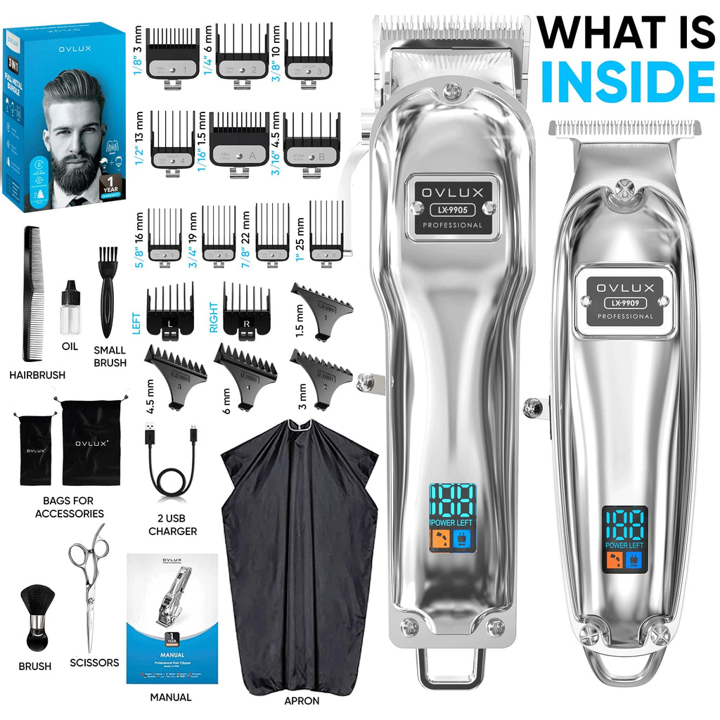 OVLUX Professional Cordless Hair Clippers for Men, Rechargeable Full Metal Beard Trimmer, Barbers Trimmer, Ideal Gift for Men, Dad - Silver. (Clipper & Trimmer Set)