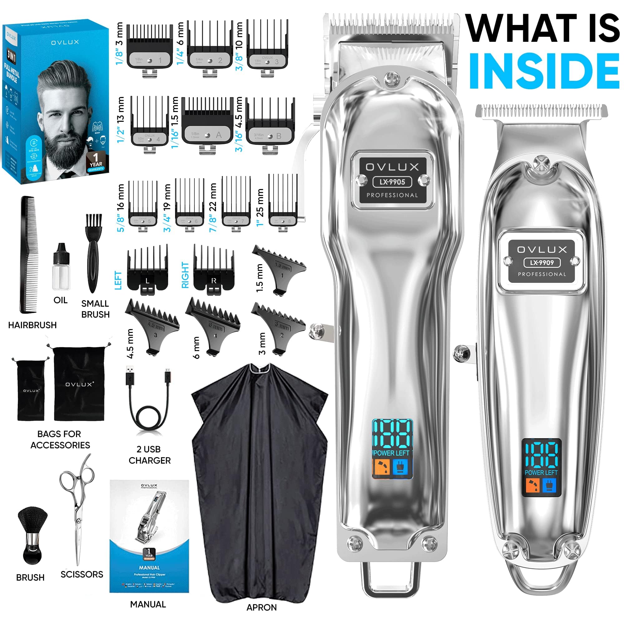 OVLUX Professional Cordless Hair Clippers for Men, Rechargeable Full Metal Beard Trimmer, Barbers Trimmer, Ideal Gift for Men, Dad - Silver. (Clipper & Trimmer Set)