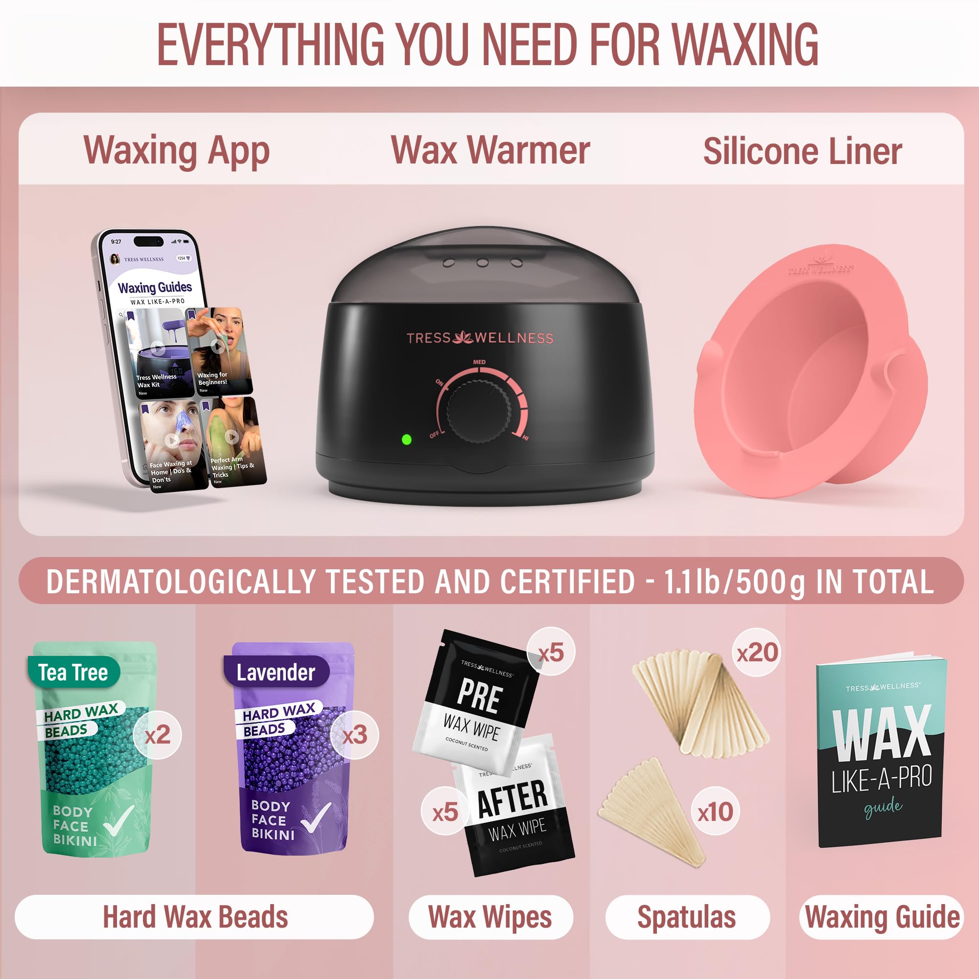Tress Wellness Award Winning Waxing Kit for Sensitive Skin – Safe for Face & Skin, Easy to Use – At-Home Kit for Face, Bikini, Brazilian & Full Body - Midnight Rose, No Display