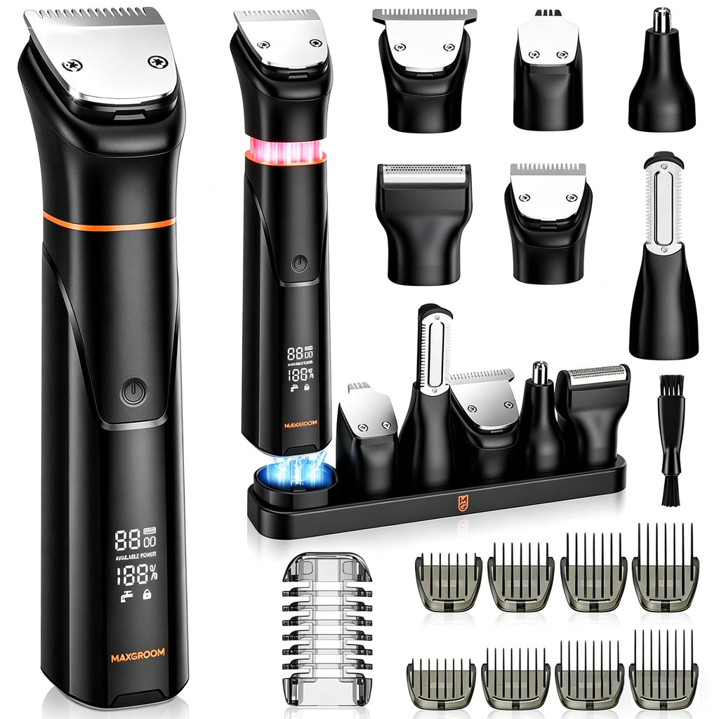 MAXGROOM 6 in 1 Beard Trimmer for Men, Waterproof Cordless Electric Razor Shaver, Men's Grooming Kit for Mustache, Hair, Face, Nose and Body, USB Recharge Dock - Silver