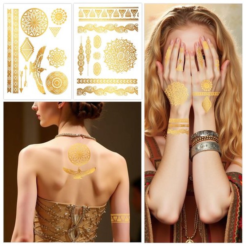 Konsait 9 Sheets Metallic Gold Temporary Tattoos for Women & Girls - Elegant Lion, Turtle, Floral, Butterfly & Elephant Designs for Parties, Cosplay, Festivals, Face & Body Art