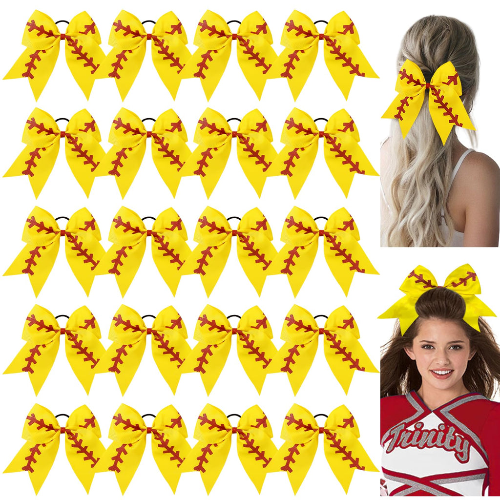 YLEN YHXX 20 PCS 8" Large Softball Cheer Hair Bows Cheerleading Bows with Ponytail Holder Elastic Band Handmade for Cheerleading Teen Girls College Sports （Softball Yellow）