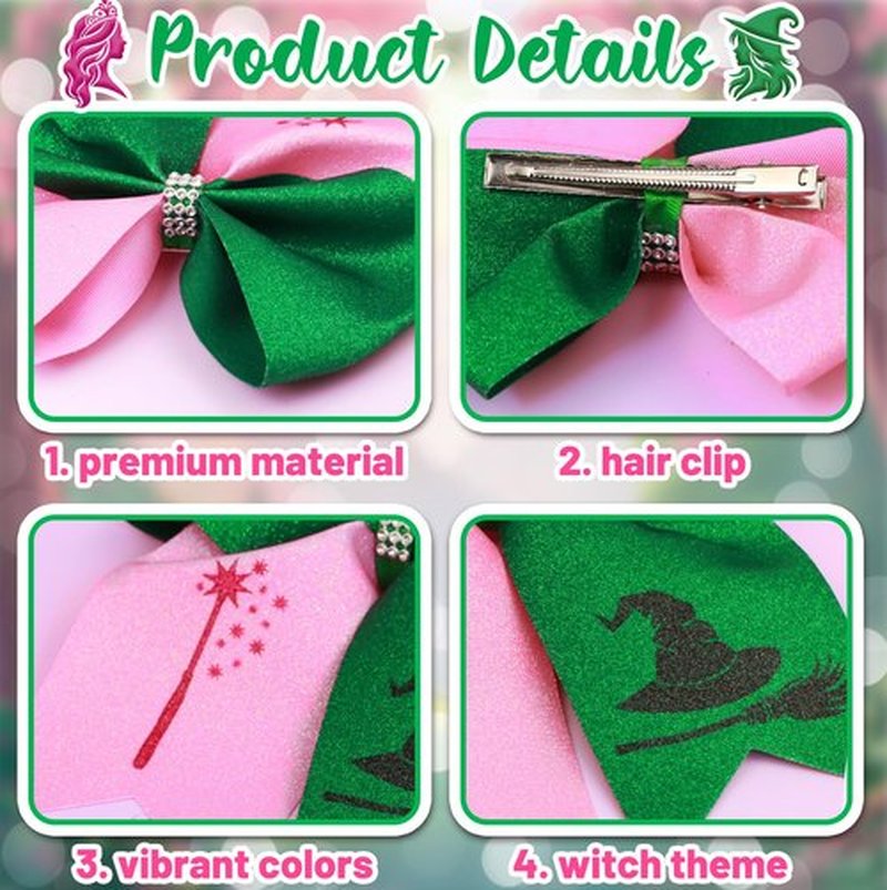 2Pcs Witch Gifts for Women, Witch Merch Hair Accessories Hair Bows for Witch Movie Fans, Pink Green Cute Bow Hair Clips Party Favors
