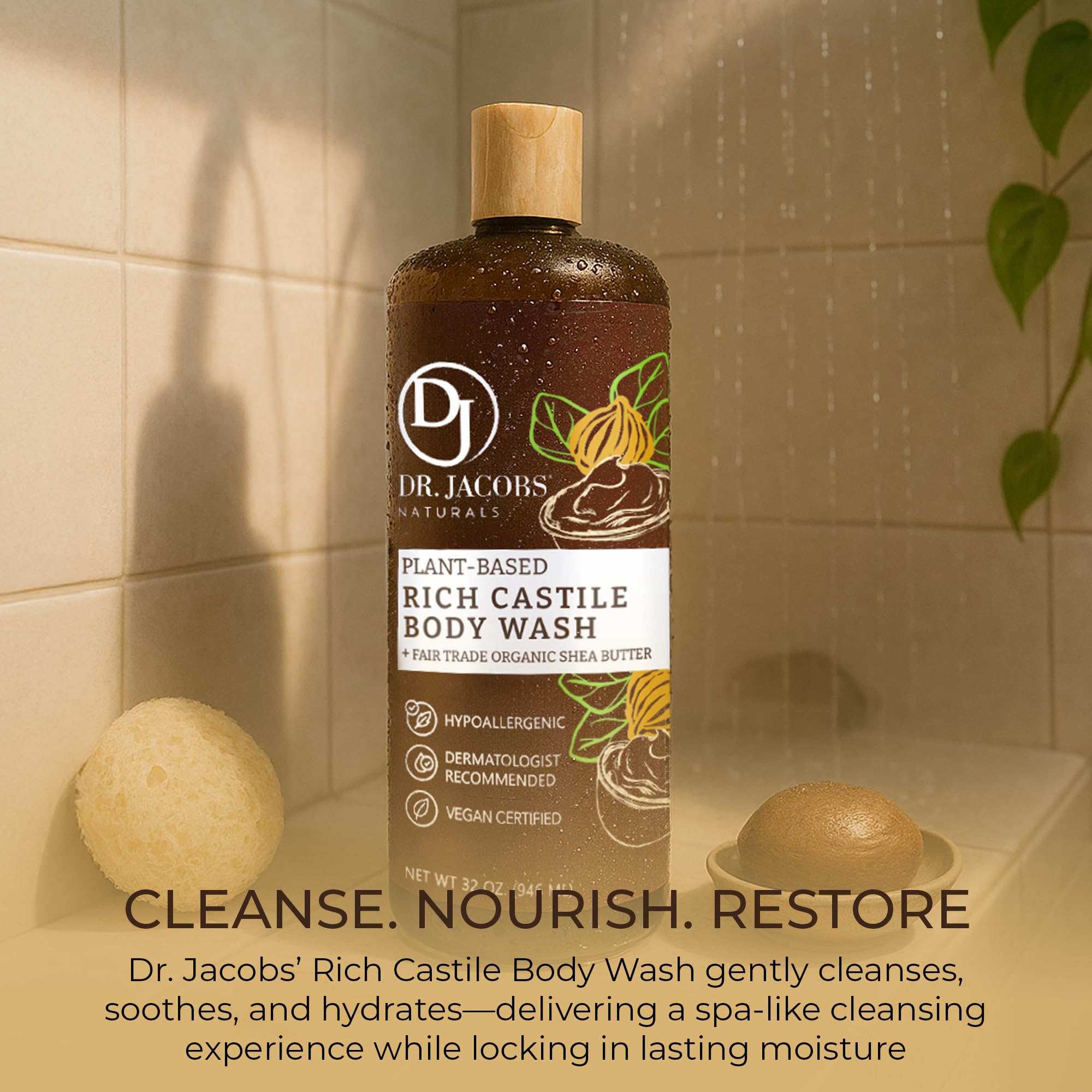 Dr. Jacobs Naturals Pure Castile Soap Liquid Body Wash, Shea Butter - Plant Based Soap Infused with Vitamin E and Aloe Vera to Moisturize Dry and Sensitive Skin - Made in The USA - 32 oz, Pack of 1