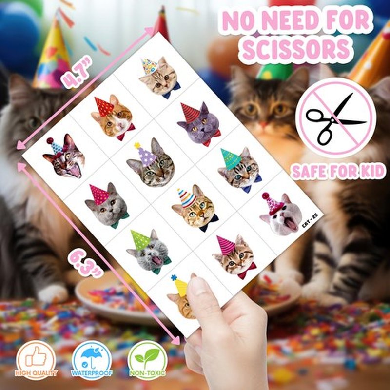 48PCS Cat Party Favors - 24PCS Temporary Tattoos & 24PCS Stick Hands - Perfect Birthday Party Supplies, Goodie Bag Stuffers, Treasure Box Toys, Classroom Prizes, and Student Gifts