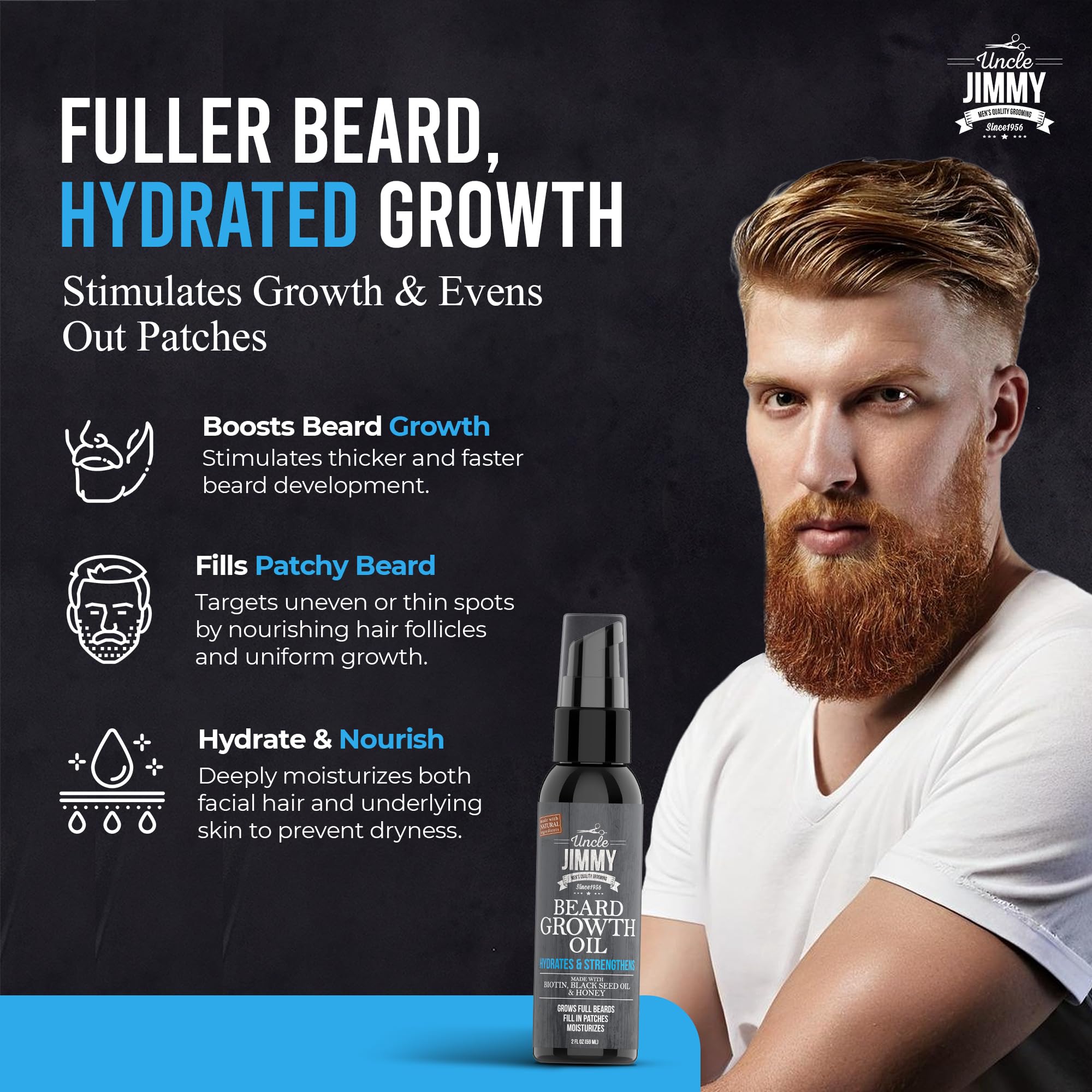 Uncle Jimmy Beard Growth Oil with Biotin | Natural Beard Care for Thicker, Fuller Healthier Beard | Men's Facial Hair Treatment for Grooming | Increases Thickness and Volume 2 Fl Oz