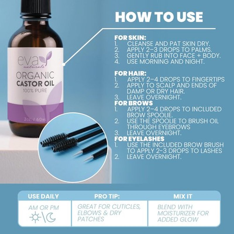 Eva Naturals 100% Pure Castor Oil – Cold Pressed for Eyelash, Eyebrow, Hair & Lash Growth, Thicker Brow & Face Serum Drops for Wrinkles, Hydrating & Nourishing Oil for Skin, Lashes & Brows, 2oz