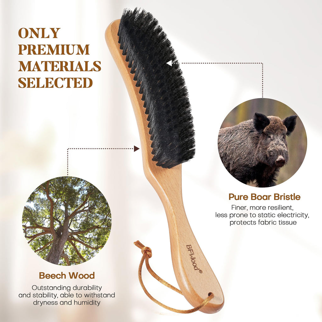 BFWood Clothes Brush, Boar Bristle Hat Brush Lint Brush for Suits, Cashmere, Wool, Velvet, Suede and Pet Hair, Large Beech Handle