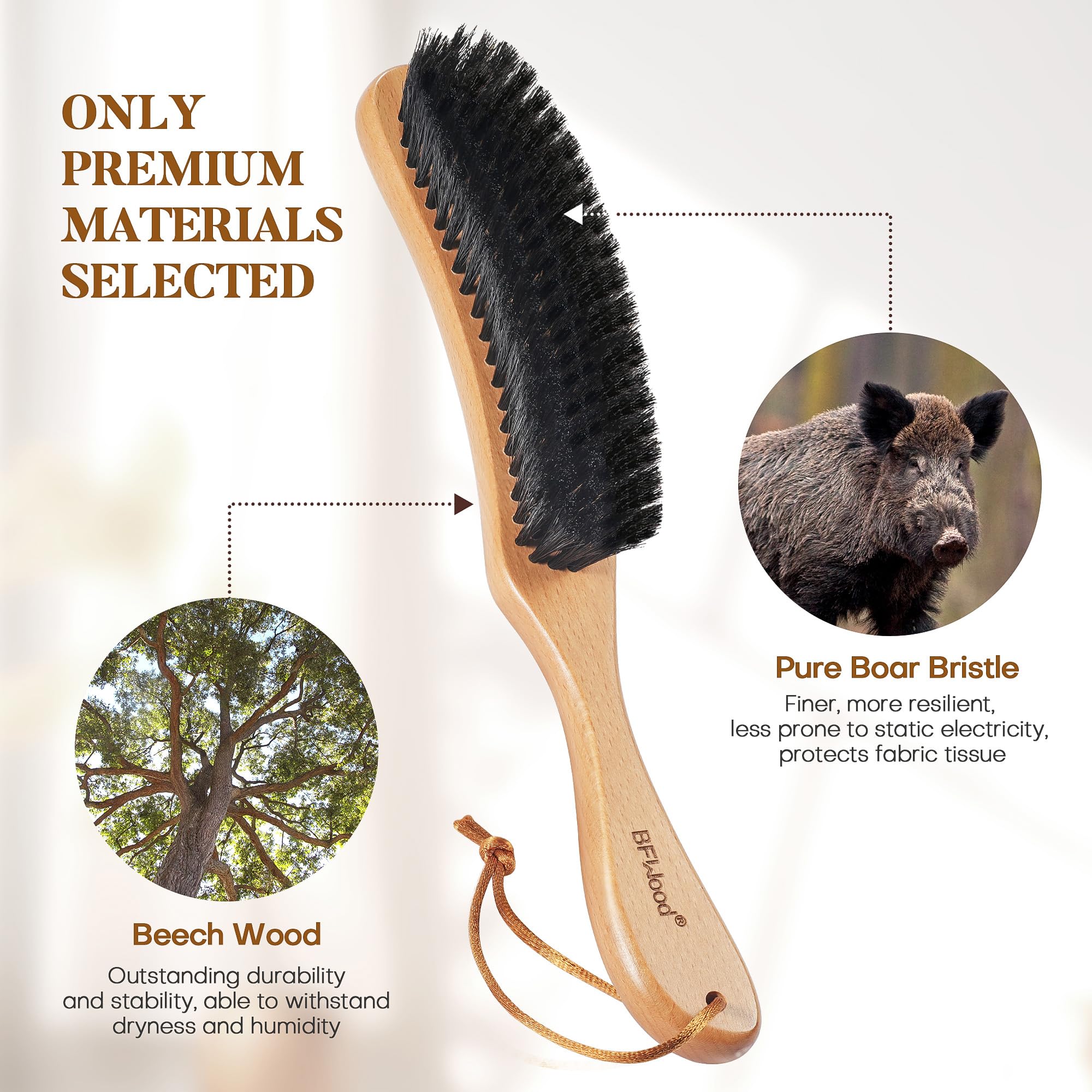 BFWood Clothes Brush, Boar Bristle Hat Brush Lint Brush for Suits, Cashmere, Wool, Velvet, Suede and Pet Hair, Large Beech Handle