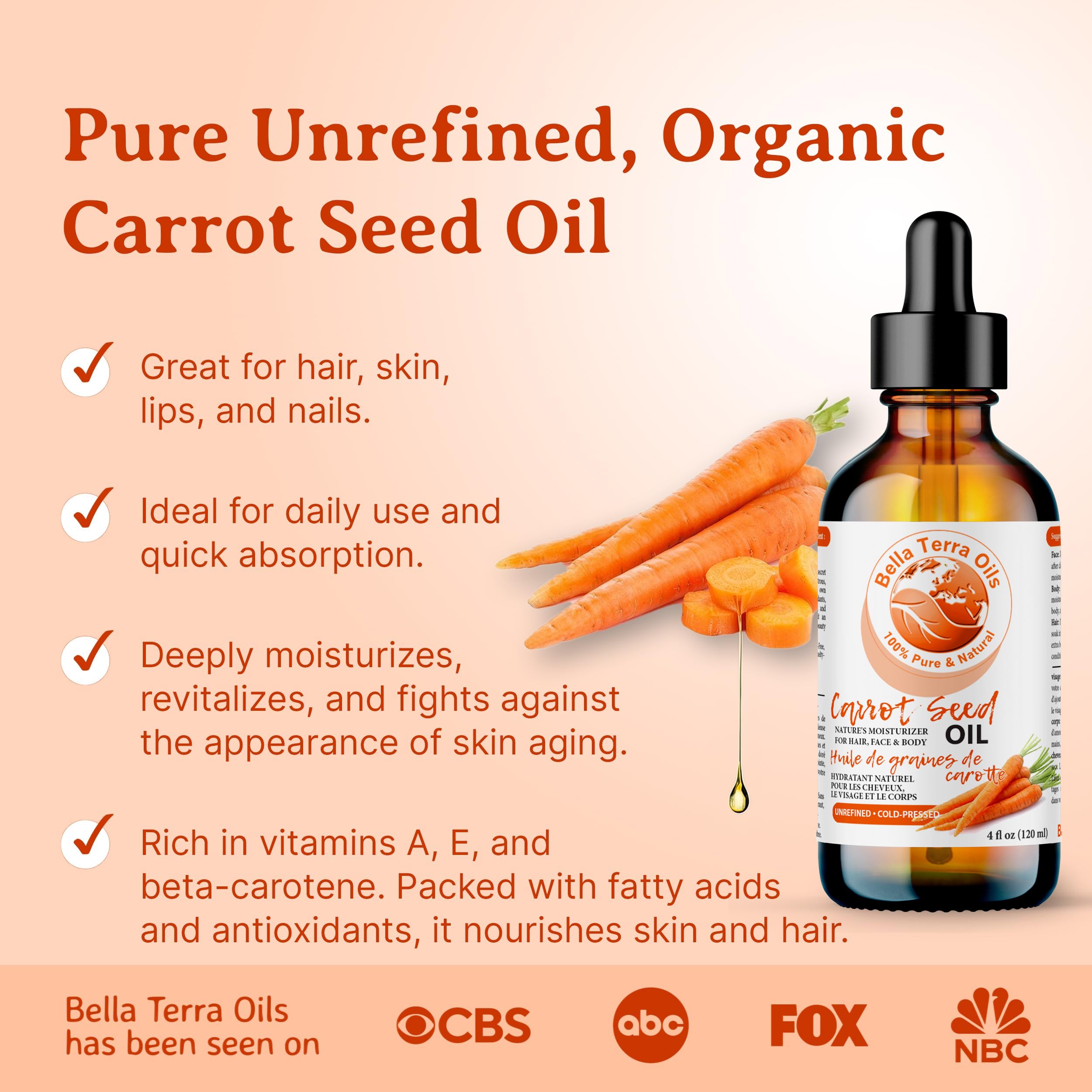 Bella Terra Oils - Organic Carrot Seed Oil 4oz - Celebrate the Nutrient-Rich Legacy of Organic Carrots, High in Vitamin K & Phytosterols, For a Supple & Radiant Appearance