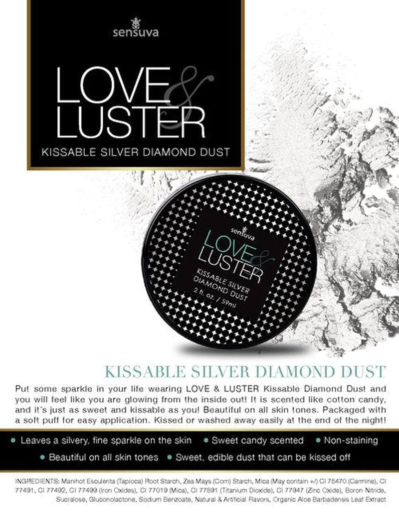 Sensuva Love & Luster Kissable Diamond Dust | Comes with Puffer 2 oz Jar Candy Scent & Flavored Highlighter, Mica Powder, Silver Body Shimmer Face Highlighter Powder, Illuminator for Party & Festival