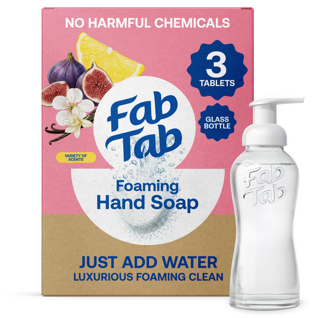 Fab Tab Foaming Hand Soap Dispenser - Refillable Glass Foaming Hand Soap Dispenser + 3 Tablet Refills | Variety Scents | Makes 3 x 11.9 Fl oz Bottles