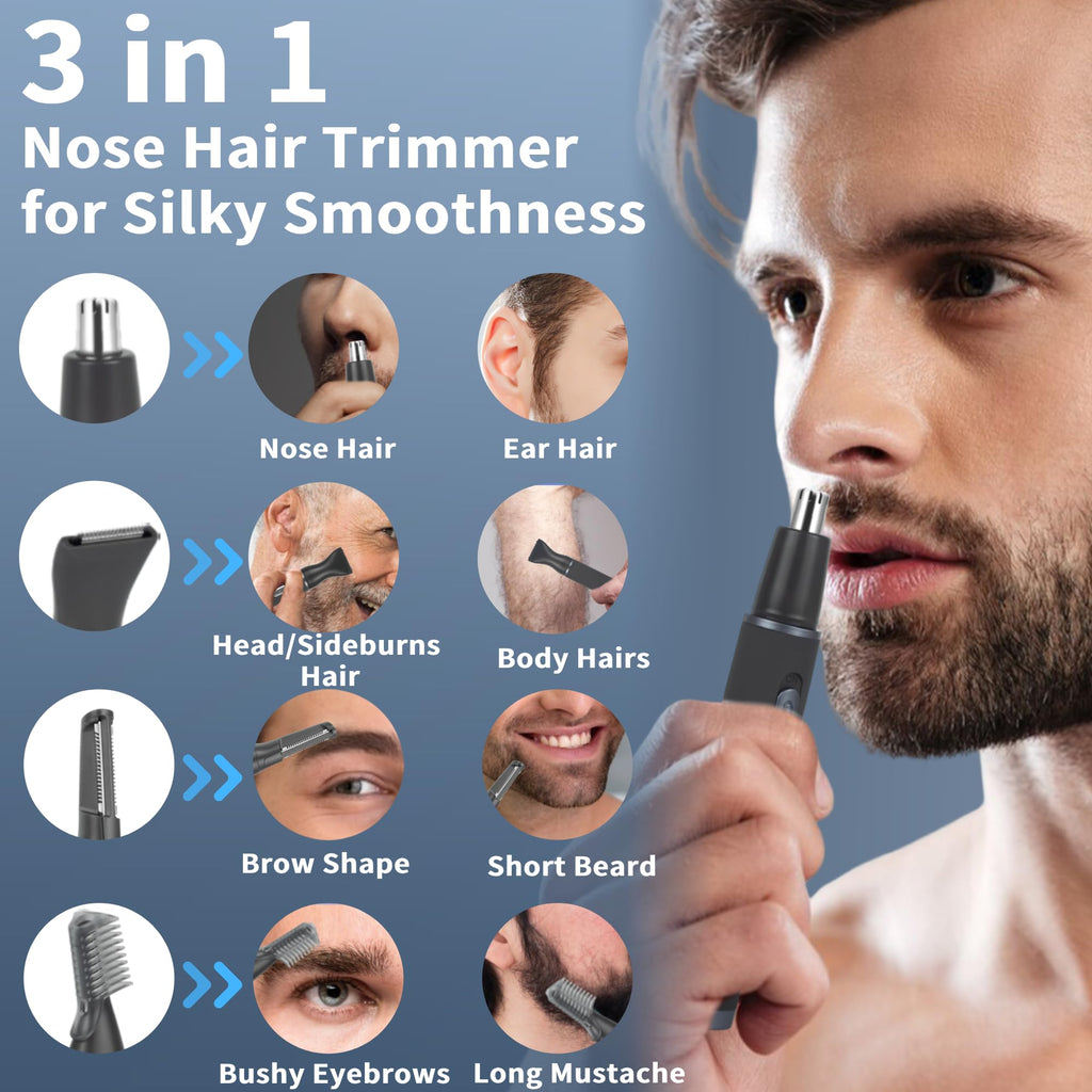 ULAIDO Nose Hair Trimmer for Men, Painless 3 in 1 Grooming Kit for Nose, Ear, Eyebrow & Body Hair, Rechargeable No Pull No Snag Trimming with 3 Waterproof Replacement Heads, Easy Cleansing
