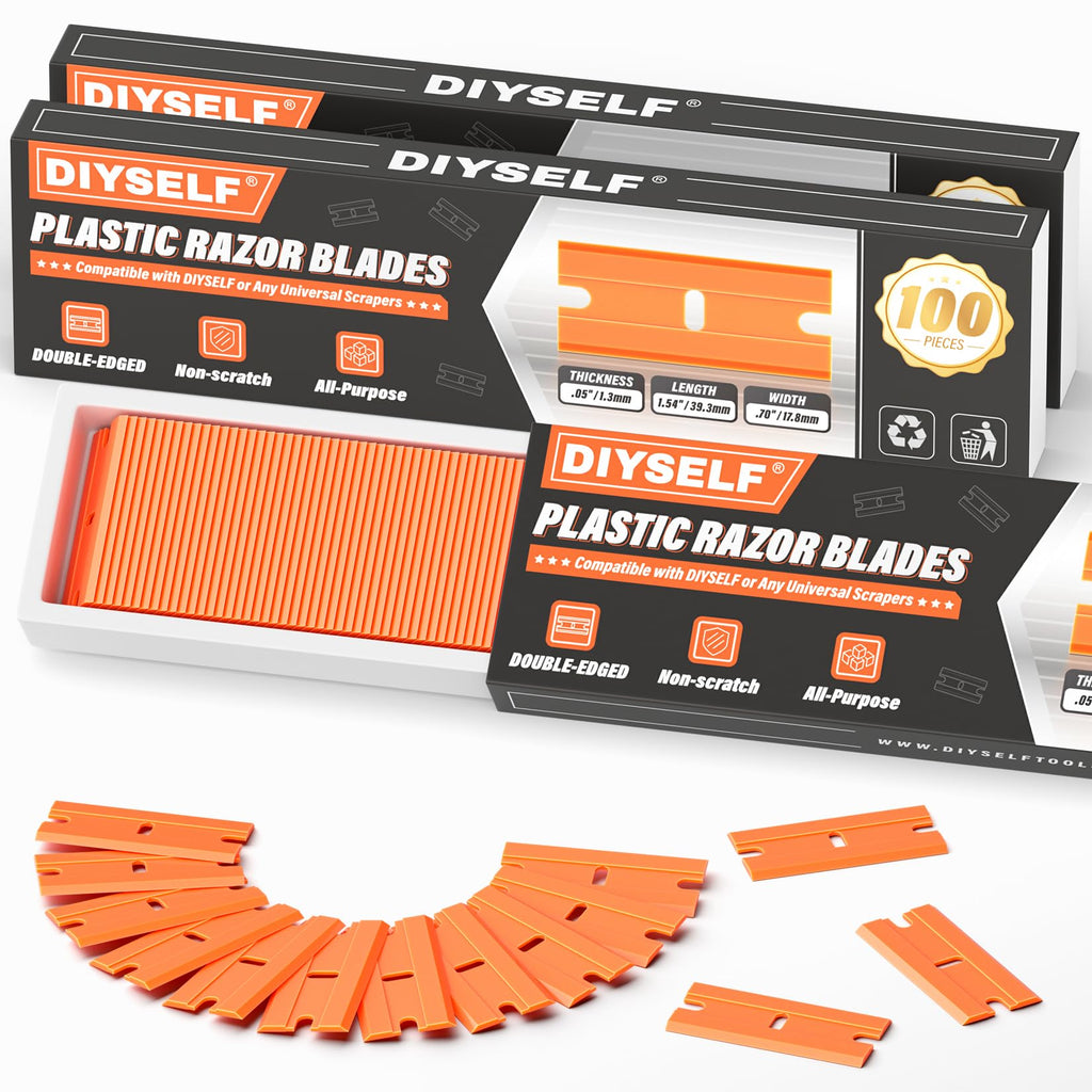 DIYSELF 300 Pack Plastic Razor Blades - Blade Replacement for Plastic Razor Blade Scraper - Plastic Blades for Floors, Glass, Metal - Stains and Adhesives Romovel