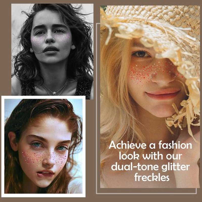 10 Pcs Red-Silver Dual-tone Glitter Freckles,Red and Silver Christmas Glitter Freckles Face Tattoo, Waterproof Face Sparkle Freckles, Long-lasting 48h Temporary Tattoos for Women and Girls