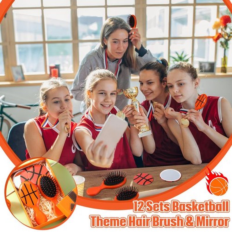 Meanplan 24 Pcs Basketball Party Supplies for Girls Team Gifts Basketball Party Favors 12 Air Cushion Hair Brush and 12 2.7" Compact Mirror