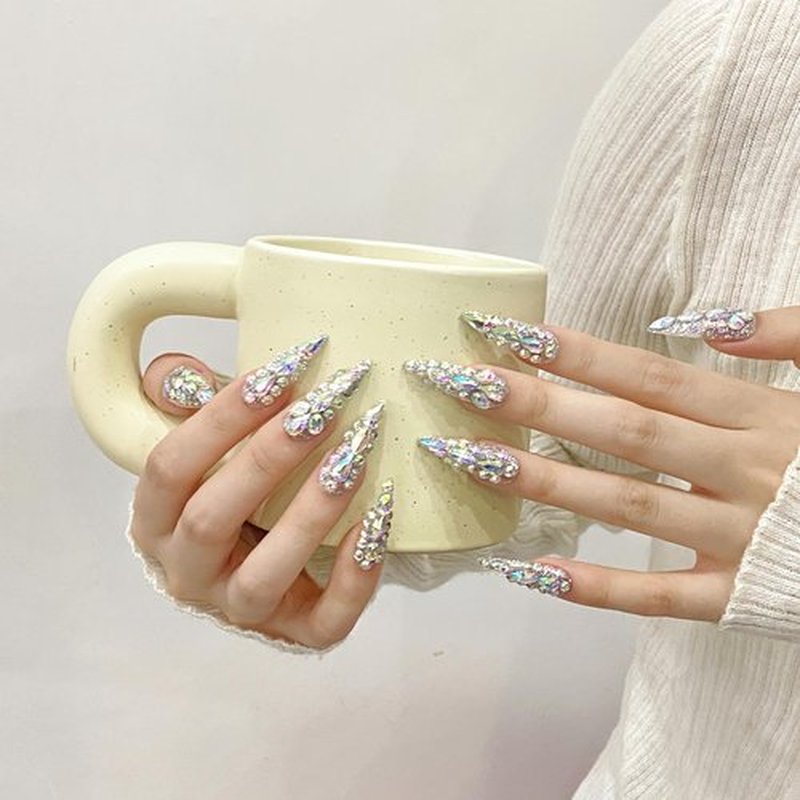 NLSJMP 3D Handmade Long Stiletto Press on Nails Almond Acrylic Fake Nails Kit,Reusable False nails,Rhinestone Luxury glitter Design Nail Art Kit,Include Toolkit,10Pcs,Size M,#986