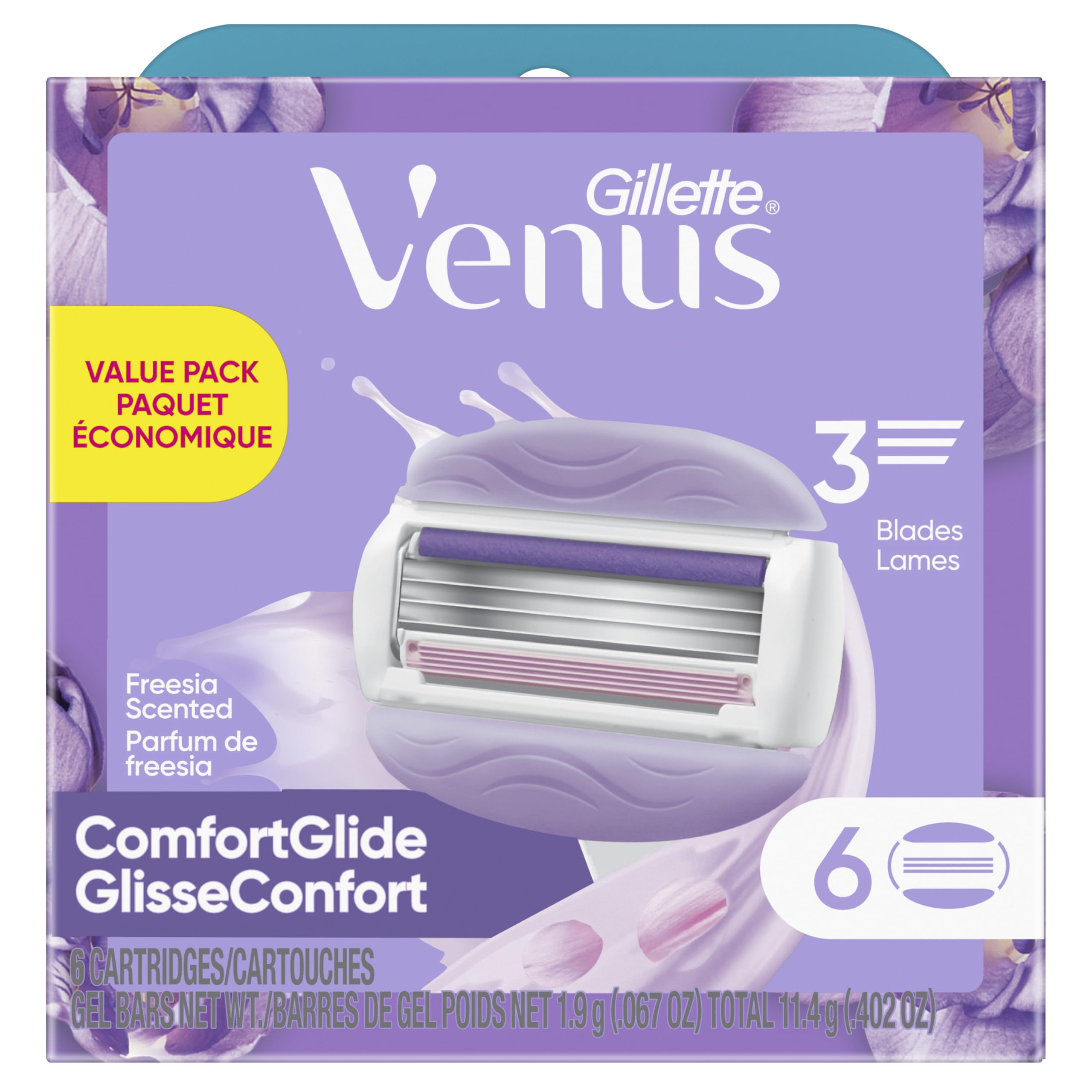 Gillette Venus ComfortGlide Freesia Women's Razor Refills, 6 Refill Cartridges, Fits Venus Reusable Razor Handles, 3-Bladed with Built-in Shave Gel Bars