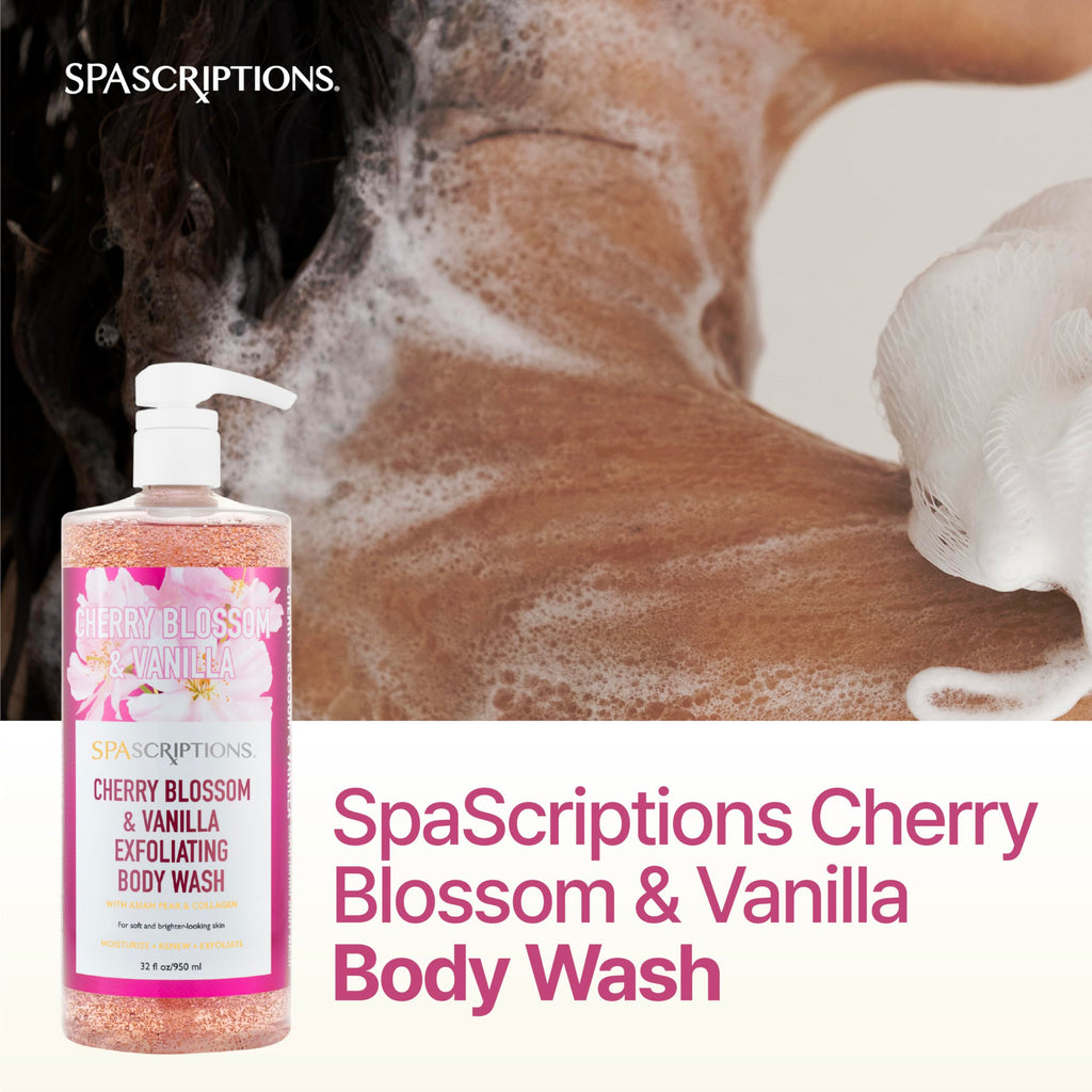 SpaScriptions Cherry Blossom & Vanilla Exfoliating Treatment Body Wash – Natural Exfoliation for Dull Skin with Asian Pear & Collagen for Radiant, Firm-Looking Skin, Hydrating Body Cleanser, 32 oz