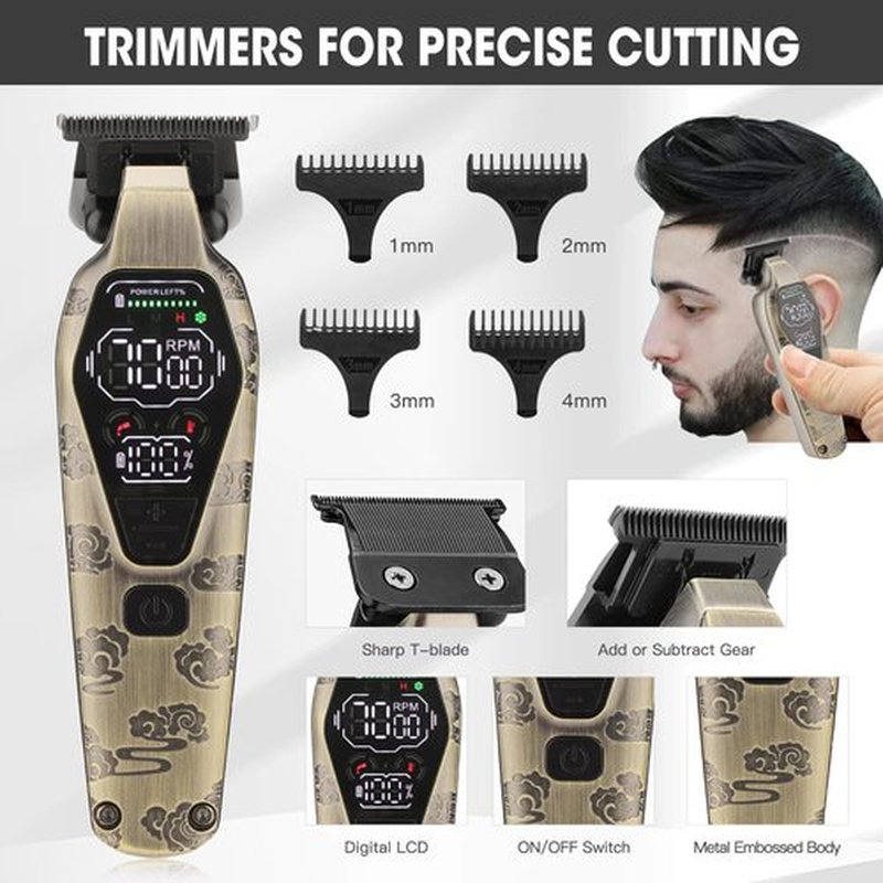 QREEYX Professional Hair Clipper for Men - Cordless Clippers and Trimmers Set, Heavy-Duty Motor Hair Cutting Kits with LED Display, 7000RPM High-Power Motor, USB Charging, Gifts for Men, Bronze