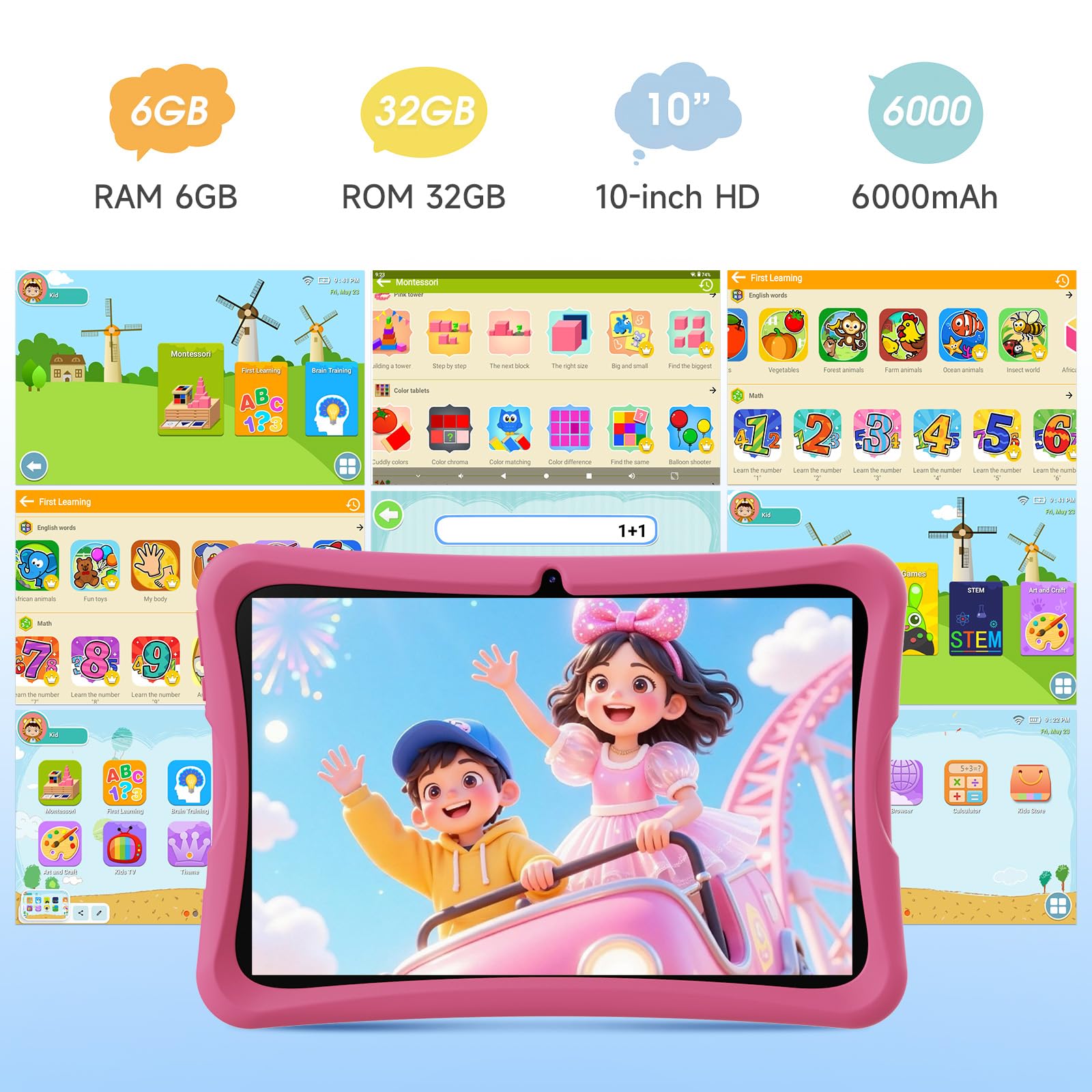 DigiLand 10.1 Inch Kids Tablet, Android 15 Tablet for Kids,6G+32GB up to 128GB,6000mAh Battery,Dual Camera,WiFi,BT 5.0,Best Electronics Tablets Gift for Kids,Shockproof Protective Case (Pink)