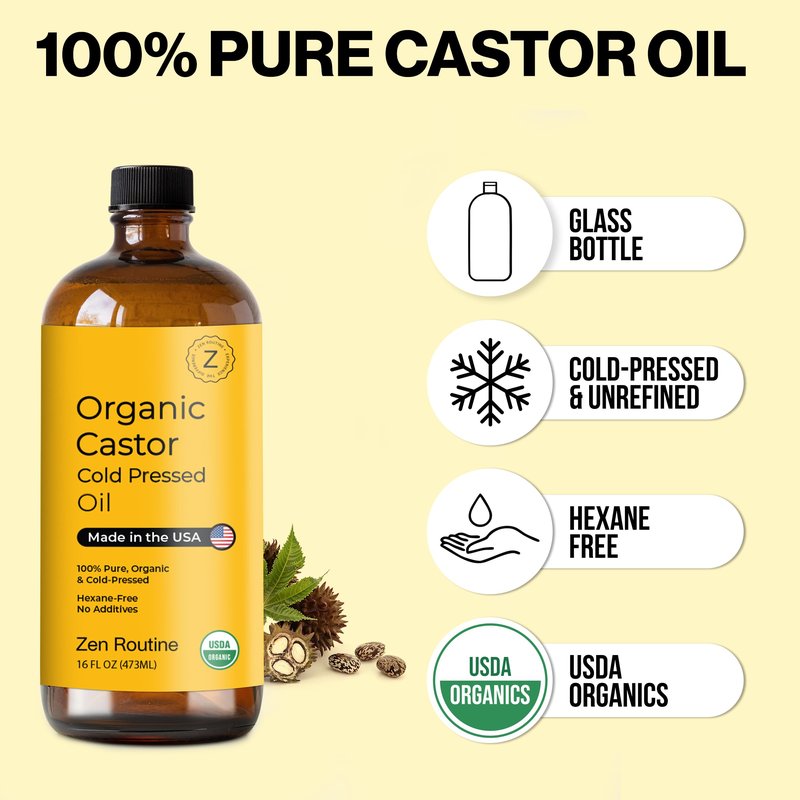 Zen Routine Organic Golden Castor Oil Glass Bottle 16oz (Single) — Hexane Free – Cold Pressed Unrefined – For Hair Growth, Lashes & Castor Pack Wrap – USDA Certified — Made in USA
