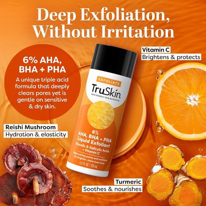 TruSkin BHA Liquid Exfoliant & Toner - Triple Acid AHA BHA PHA Formula with Salicylic & Vitamin C | 4.2 fl oz