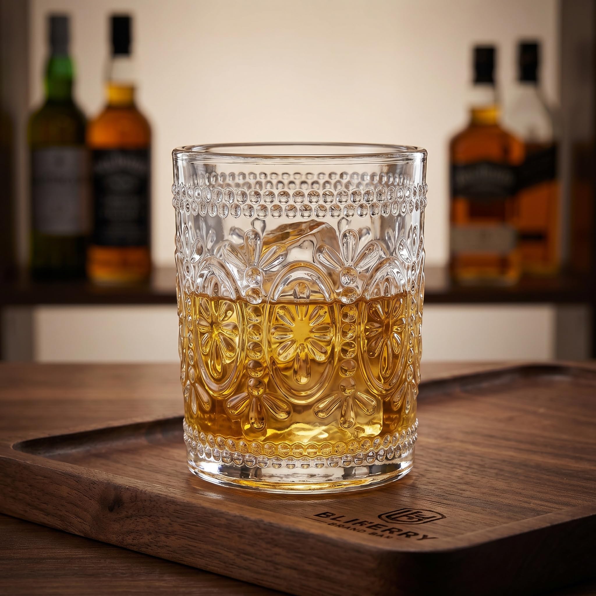 Bekith 6 Pack Drinking Glasses, 9.5 oz Romantic Water Glasses, Clear Embossed Glass Cups Vintage Glassware Set for Whisky, Juice, Beverages, Beer, Cocktail