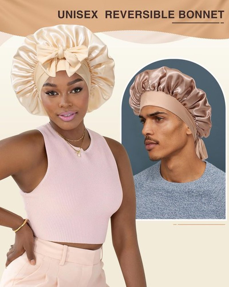 2PCS Satin Bonnets Silk Bonnet for Sleeping Women Curly Hair Bonnet with Tie Band Bonnets Sleep Cap (US, Numeric, 7, 7 3/8, Elastic Tie Band -Brown +Champagne)