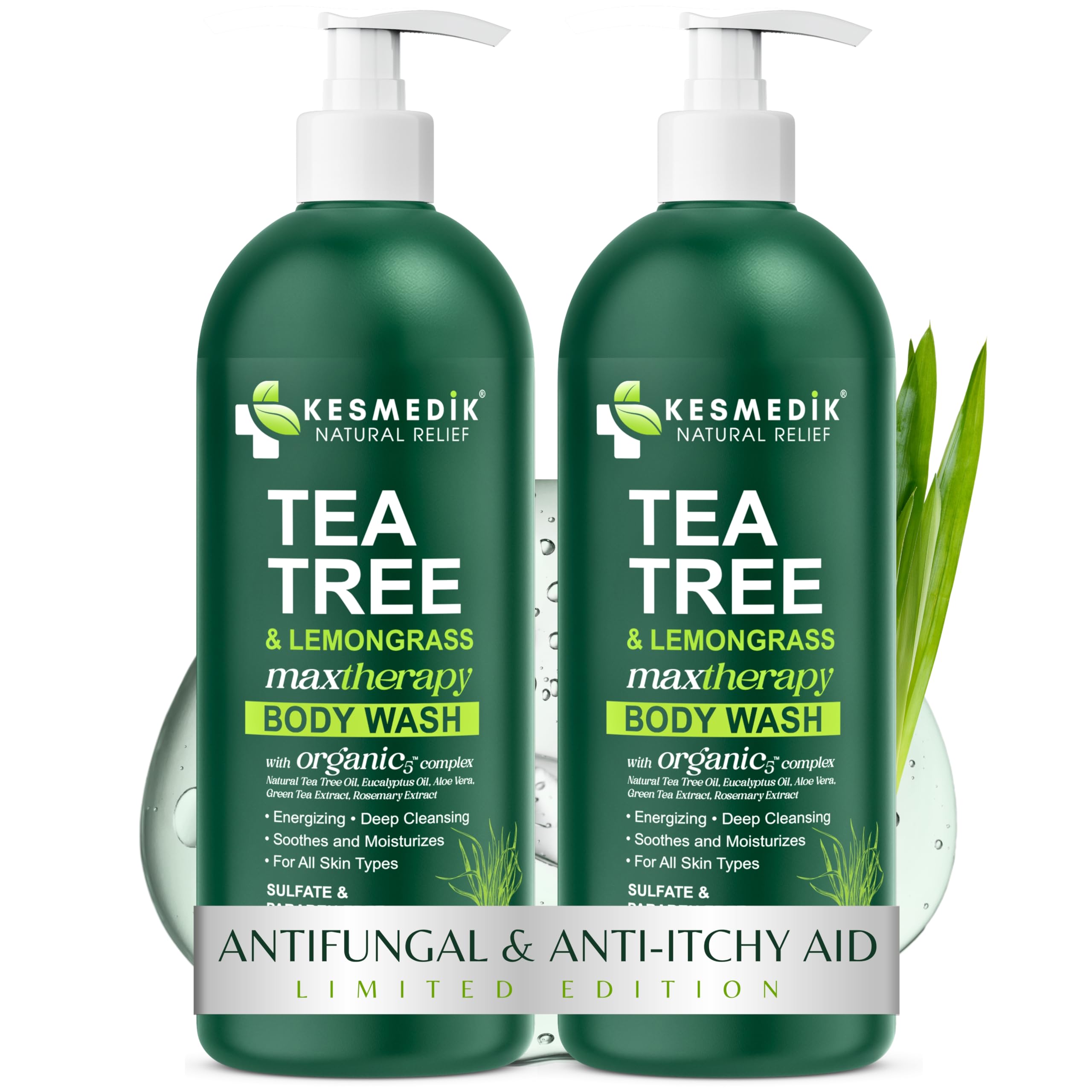 KESMEDIK Tea Tree Lemongrass Body Wash MaxTherapy, Itchy Skin Relief, Antifungal Defense, Fights Body Odor, Soothes Jock Itch & Athlete's Foot, Intimate Wash, Men & Women, 2-Pack, Limited Edition