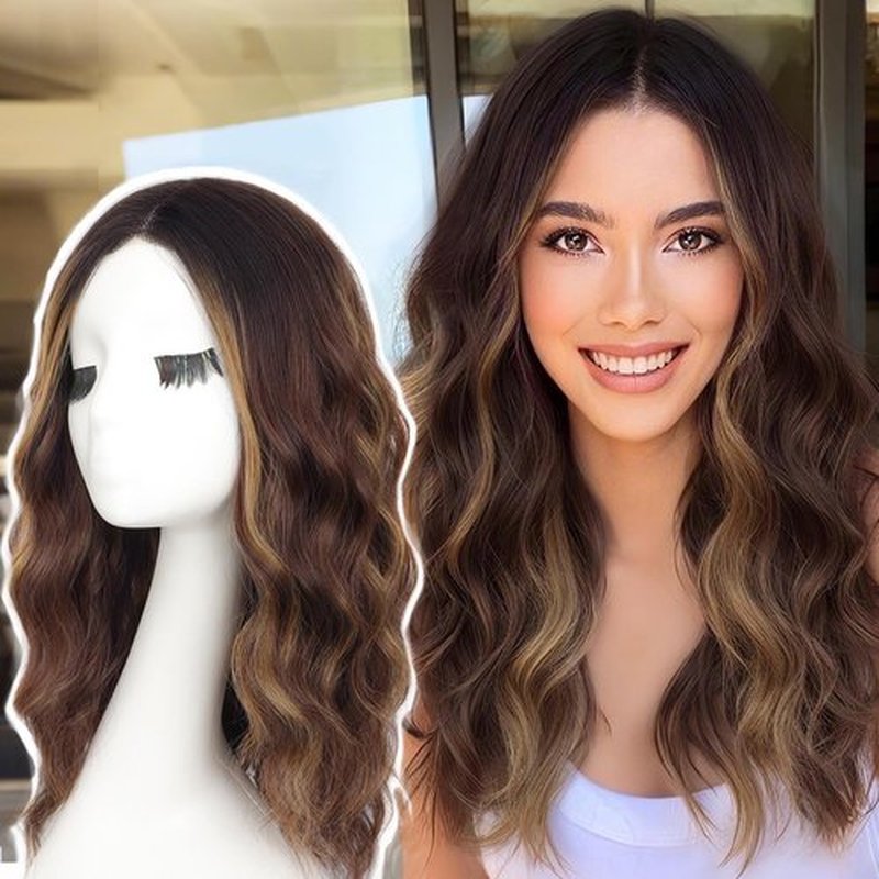 AISI HAIR 【Beginner Friendly Wigs Highlights Brown Wig for Women Medium Length Wave Curly Glueless Synthetic Heat Resistant Hair Wigs for Daily Party Cosplay
