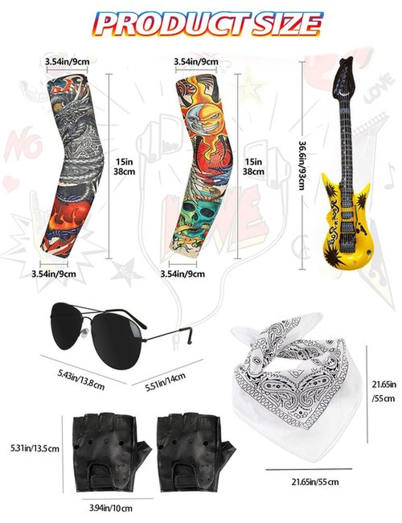 80s Costumes for Men Black Rocker Wig with Bandana Sunglasses Punk Gloves Sleeves for 70s Hippie Party Accessories