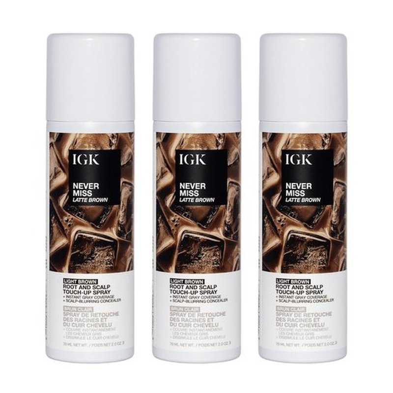 IGK NEVER MISS Root & Scalp Touch-Up Spray - Light Brown Temporary Gray Coverage for All Hair Types | 3 Pack