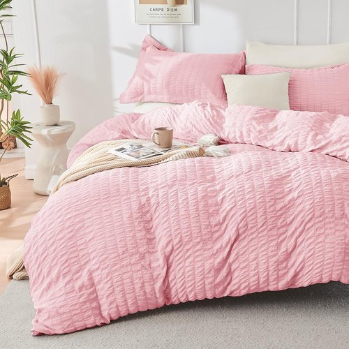 HYMOKEGE Full Size Comforter Set - Luxury Seersucker 7-Piece Bedding in Pink/Ivory for All Seasons
