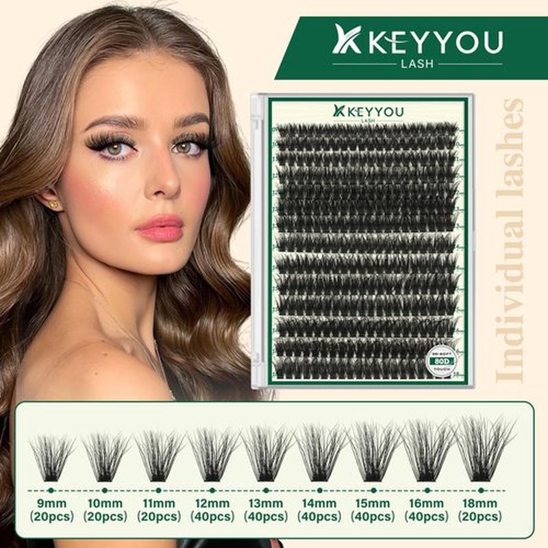 KEYYOULASH Lash Clusters 3D Effect Eyelash Clusters 280pcs 80D D Curl 9-18MIX Individual Lashes Wispy False Lashes Volume Cluster Eyelash Extensions Natural Soft DIY Lash Extension(80D，Zzlj-4)