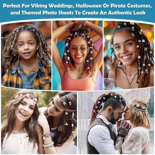 247Pcs Viking Hair Accessories Norse Runes Tube Beads Metal Cuffs Clips Rings, Dreadlock Beads Braids Locs Hair Jewelry Set for Women Men Beard Decoration Bracelets Necklace DIY Silver