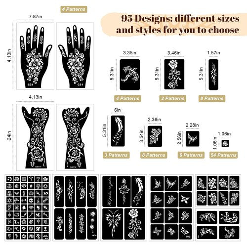 95 PCS Temporary Tattoos Stencils Kit,Temporary Tattoos Kit - 6 Pcs 3 Color(black*1,brown*4 & Red*1) Ink with 6 removal wipes,10 disposable cotton swabs DIY Body Art Painting for Women Men Adults