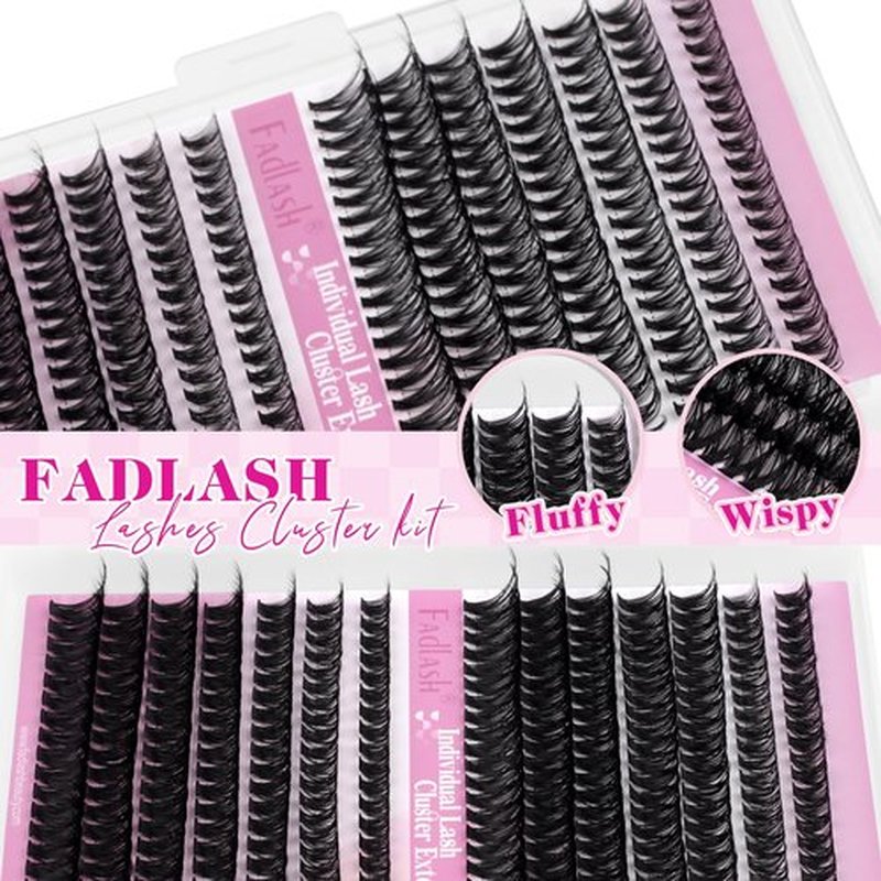 FADLASH Lash Clusters Kit 560Pcs Eyelash Clusters Kit 8-16mm Individual D Curl Cluster Eyelash Extensions with Lash Bond and Seal Lash Tweezers (30D+40D+50D+60D Kit 8-16mm)