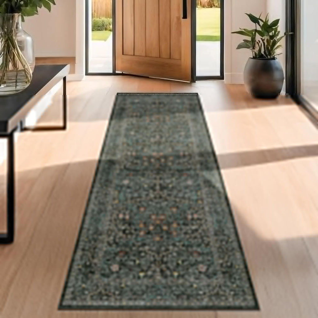 Skiennix Non-Slip Kitchen Runner Rug - Washable Dark Green Boho Floral Design | 2x6 Feet Soft Carpet