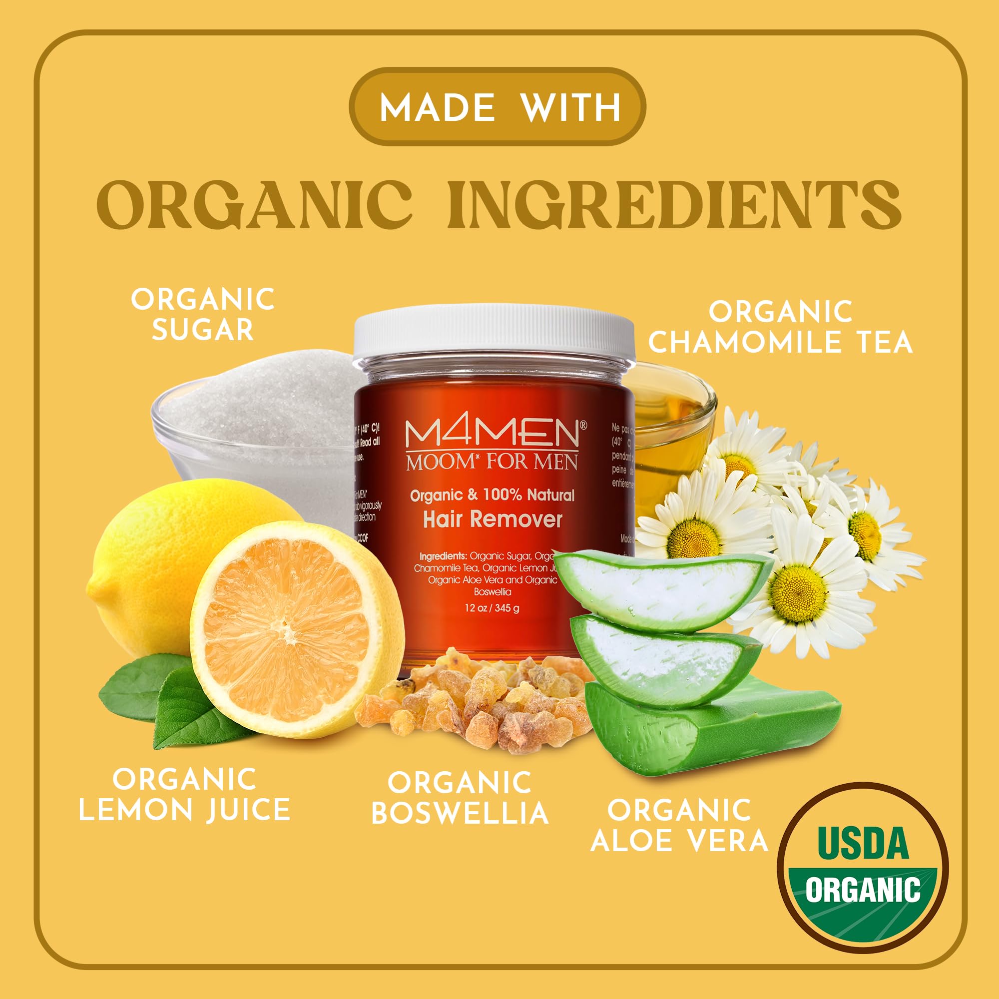 MOOM USDA Organic Sugar Wax Hair Removal for Men - Body, Leg & Face - 12 oz