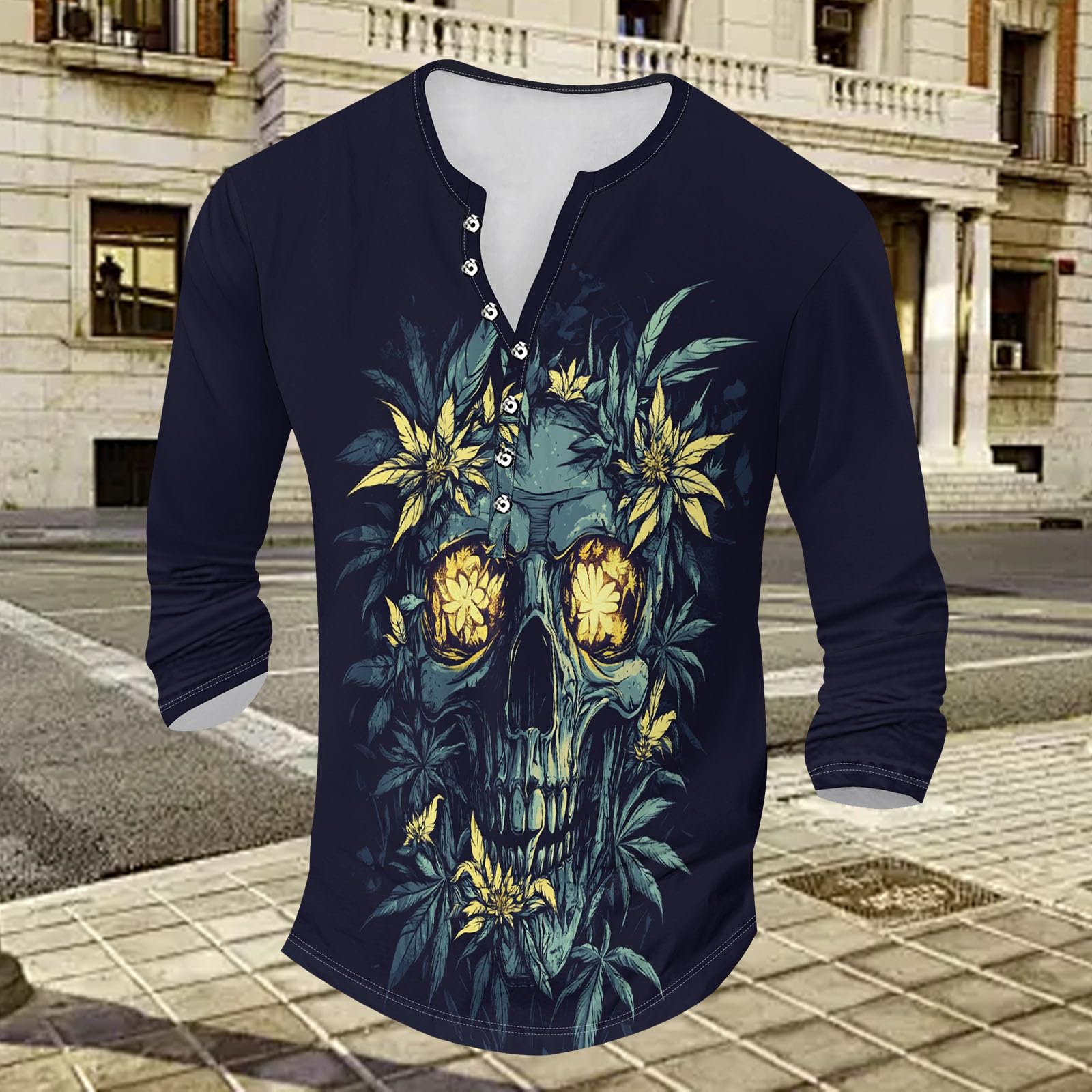 Long Sleeve Henley Shirts for Men Skull Palm Graphic T-Shirt Gothic Style Cotton Blend Tee Shirts Half Button Trendy Slim Fit Color Block Fall Tops