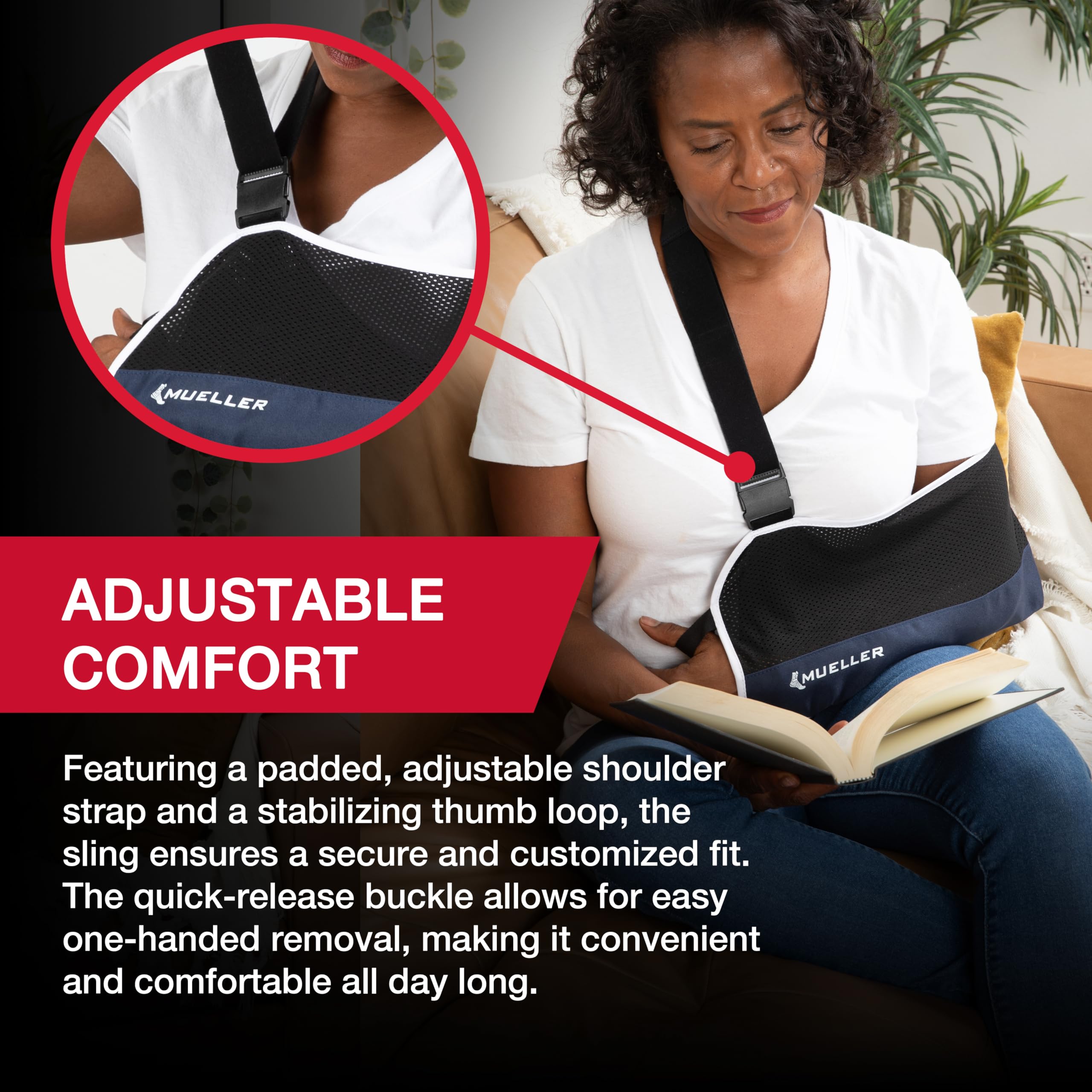 MUELLER Sports Medicine Adjustable Arm Sling - Comfortable Support for Left or Right Shoulder and Arm Injury, For Men and Women, Blue w/ Black Mesh, One Size Fits Most