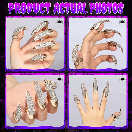 10 Pcs Halloween Costume Claws Fake Nails Ring Set, Gothic Punk Crystal Full Finger Rings 3 Sizes Retro Metal Paved Paw Bend Fingertip Claw Rings for women Men Nail Art Holiday Party (Golden)