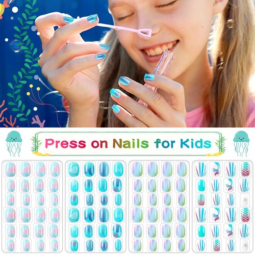 JANYUN 96 Pcs Kids False Nail Press on Nails Full Cover Short False Nails Children Nail Tips Lovely Gift for Kids Little Girls Nail Art Decoration (Blue Theme)