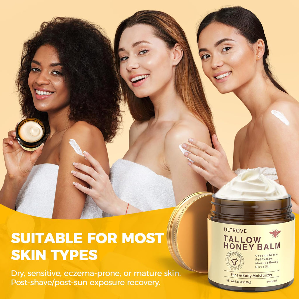 Ultrove Beef Tallow and Honey Balm for Skin, Natural Face + Body Moisturizer with Organic Grass-Fed Beef Tallow & Raw Wild Honey for Dry & Sensitive Skin, 4.23oz