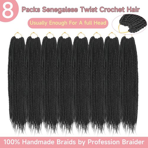 Senegalese Twist Crochet Hair-8 Packs 18 Inch Senegalese Twist Crochet Braids For Women, Black Pre Looped Pretwisted Crochet Braids, Synthetic Crochet Twist Hair (18in,1B#)