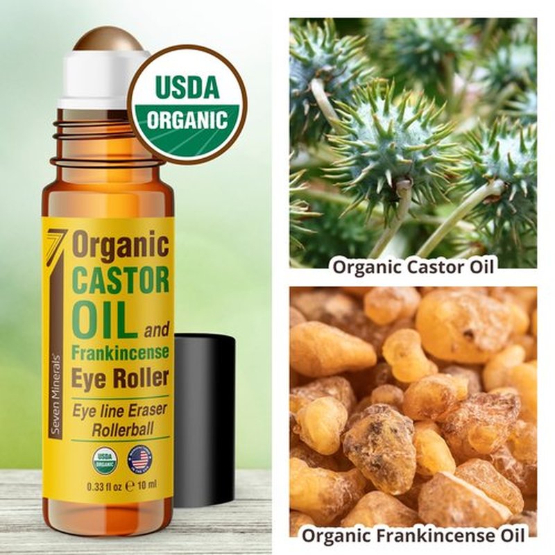 Seven Minerals Organic Castor Oil Roll On Eye Roller for Under Eye Bags, Dark Circles & Wrinkles - Organic Blend of Castor Oil And Frankincense - Brightens, and Revitalizes Skin & Face - 0.33 fl oz