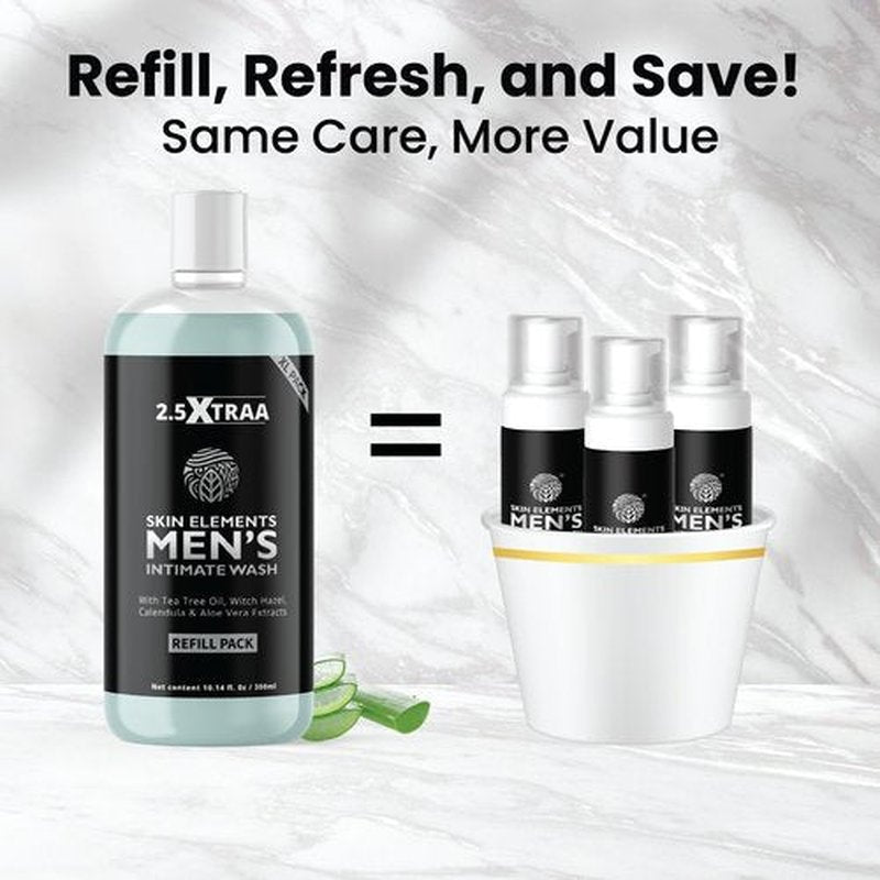 Skin Elements Men's Intimate Wash JUMBO Pack | with Refill | For 180 Days | 14.2 fl. oz | pH Balanced Hygiene Foaming Wash | Controls Bad Odor | with Tea Tree Oil | Super Saver Pack |